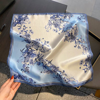 Écharpes carrées en soie de mûrier imprimées de fleurs bleues fantaisie, légères, douces, décoratives, pour femmes, 100% soie pure