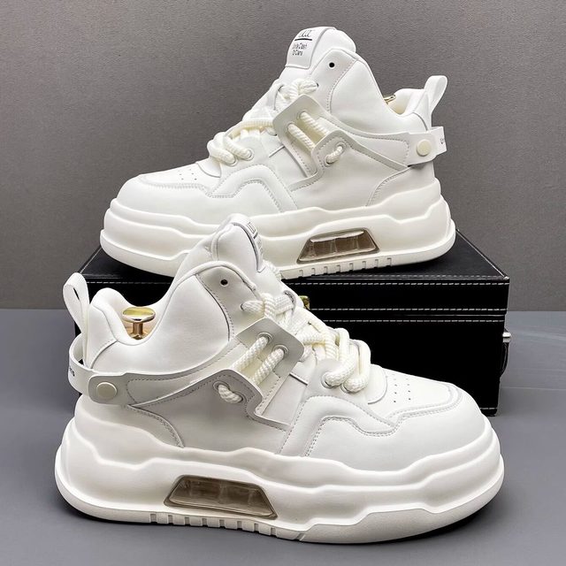 Men's High-top White Breathable Lace-Up Sneakers 2025 Spring New Thick-soled Casual Microfiber Upper Mesh Lining