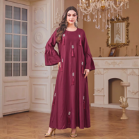 Élégante Abaya Longue en Polyester pour Adultes avec Décoration de Pompons, Broderie à la Main, Manches Cloche, Coupe Ample, Robe Maxi Quotidienne pour Femmes Musulmanes