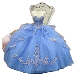 Robes de Quinceañera bleues style robe de bal, Vestidos De <span class=keywords><strong>15</strong></span> Anos, avec décolleté cœur, volants et appliques, pour fête d'anniversaire princesse, personnalisables - Product Image 5