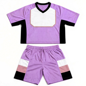 Ensemble de maillot de football PADA PRIME violet à col en V, maillot et short en mesh color block, respirant, 100% polyester, vêtements de sport sublimés - Product Image 1
