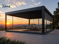 Pergola Aluminium Hitam Berlubang-lubang dengan Pintu Kaca Geser, Tirai Gulung, dan Lampu LED Strip untuk Dek Teras Gazebo dengan Pemandangan Matahari Terbenam