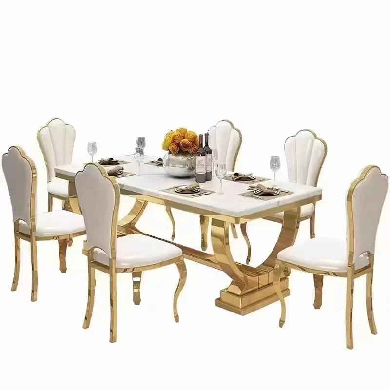 Juego de mesa y silla de acero inoxidable para comedor, conjunto de comedor redondo de mármol con 6 sillas, para sala de estar