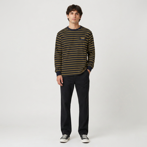 <b>Men's</b> <b>Striped</b> Long Sleeve <b>T</b>-<b>Shirt</b> Regular Fit Cotton Knitted Casual O-Neck Front Logo Design Custom Streetwear Long Sleeve <b>shirt</b> - Product Image 1