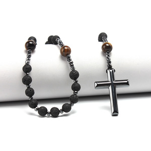 Cuentas de roca de lava volcánica Natural, collares de Rosario de Cristo católico, collar con colgante de Cruz de hematita para hombres - Product Image 3