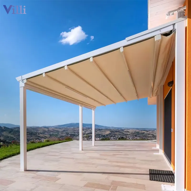 Heavy 3m Patio Gazebo Roof Canopy Free Standing Wall support Retractable Foldable Pergola Awning