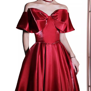 Red Off The Shoulder Evening Gown Long Claret Polyester Simple Design Bridal Dress For Engagement Or Wedding Return Home - Product Image 5