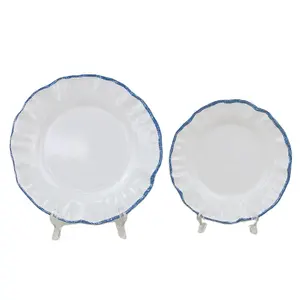 Groothandelsprijs Custom Rond Effen Wit Onbreekbaar Plastic Servies Melamine Melamine Plaat Set 6 Platen Met Blauwe Golfband