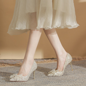 Zapatos de Novia con Tacón de Aguja y Punta Puntiaguda, con Lazo, Zapatos de Boda con Tacón Alto de 5 cm y 8 cm, Tendencia de Moda, Forro de Satén Sólido - Product Image 3