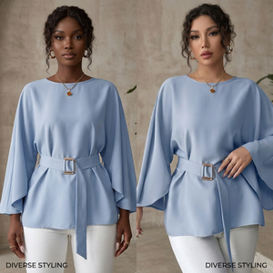 Camicetta <span class=keywords><strong>Elegante</strong></span> da <span class=keywords><strong>Donna</strong></span> con Collo Rotondo, Maniche a 3/4, in Raso Intrecciato Traspirante, con Cintura in Vita, Vestibilità Ampia, per Ufficio, in Chiffon - Product Image 4
