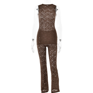 Ensemble deux pièces en dentelle, haut sans manches, pantalon slim, marron, polyester, vêtements décontractés, quatre saisons - Product Image 1