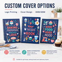 Carnet de recettes spirale personnalisé bleu marine avec couverture illustrée colorée sur le thème alimentaire, pages de planification de repas, impression de logo, vente en gros