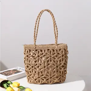 Summer lady new straw bag hollow flowers design women girl paper straw bag beach tote bag