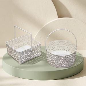 AK Panier en métal rond et carré en laiton découpé au laser avec poignée en blanc fini Ensemble de 2 pour les cadeaux de festival/décoration de table - Product Image 3