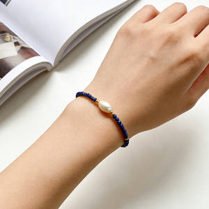 Minimalist thin <b>beaded</b> <b>bracelet</b> Vintage Natural Gemstone Pearl <b>Bracelet</b> Bohemian Style Lapis Lazuli <b>Bracelet</b> with Pearl Charm - Product Image 4
