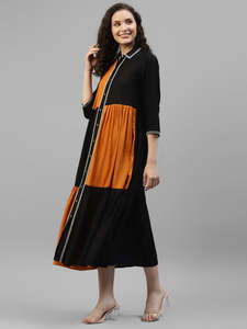 Robe chemise en rayonne tissée bicolore moutarde et noir pour femme, col à revers, manches 3/4, longueur midi, style western - Product Image 6