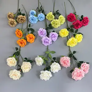 手工制作3个花头单茎玫瑰人造植物和绢花活动婚庆摆件装饰花