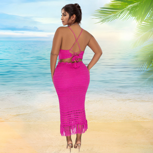 High Quality <b>Sexy</b> Vacation Halter Backless Tassel Bodycon 2 Pieces Skirt <b>Sets</b> Women Fashion - Product Image 4