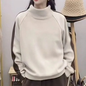 Women's Loose High Neck Sweatshirt Color Blocking Thick Warm Knitted Long Sleeve Autumn Winter Base Layer - Product Image 3