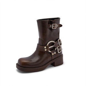 Autumn Winter Retro Women's Mid-Calf <strong>Square</strong> <strong>Toe</strong> Waterproof Motorcycle Western Cowboy <strong>Boots</strong> Chunky <strong>Heels</strong> Height Increasing Trend - Product Image 1