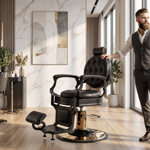 Fauteuil de barbier vintage robuste, luxe noir et or, hydraulique inclinable, pour hommes, salon de coiffure - Product Image 1