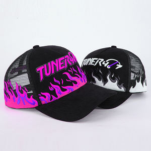 공장 맞춤 제작 5패널 야구 메쉬 캡 자수 로고 챙 불꽃 메쉬 스웨이드 트러커 모자 - Product Image 2