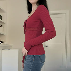 Pure Desire Girly Style U-Neck <b>Slim</b> Fit T-Shirt Waist Lace Patchwork Bow <b>Tie</b> Long Sleeve Ribbed Base Layer - Product Image 4