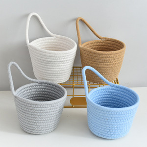 Woven Storage <b>Basket</b> Round Hanging Wall Mountable For Cosmetics Toys <b>Small</b> Household Use Blue Gray White Brown - Product Image 1