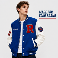 Veste de sport universitaire personnalisée pour hommes, fabrication OEM, étiquette privée, logo d'équipe brodé, patch bleu, veste de sport universitaire personnalisée