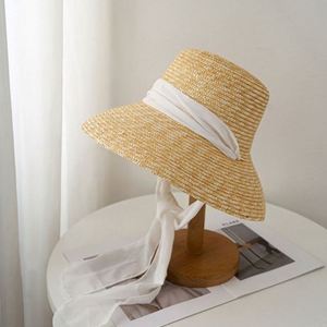 Wholesale Female <b>Straw</b> <b>Hat</b> With Satin Ribbon Wheat <b>Straw</b> Beach <b>Hats</b> Women Wide Brim Sun Bucket <b>Hat</b> - Product Image 3