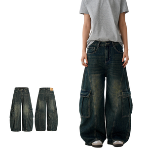 High Quality American Multi-Pocket Denim Solid Cargo <b>Jeans</b> Trendy Hiphop Wide Leg Streetwear Pants - Product Image 1