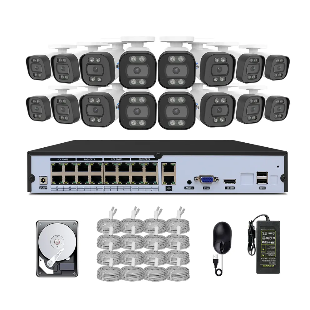 Hiseeu H.265 16CH 8MP IP POE Système de caméra de dissuasion active OEM Audio bidirectionnel Sécurité Bullet Caméra réseau CCTV 4K NVR Kit