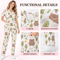 Ensemble de blouses médicales personnalisées à imprimé dessin animé OEM ODM, motif animal, col en V, manches courtes, uniforme d'infirmière, tenue de travail hospitalière unisexe