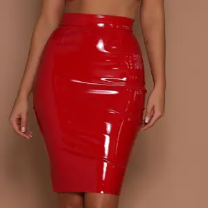 Falda de tubo de cuero PU para chica, longitud hasta la rodilla, estilo Punk, Sexy, negro y rojo