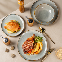 Service de vaisselle en céramique gris à glaçure réactive avec bordure marron, assiettes rétro et bols à dessert pour la maison, les cafés et les restaurants (vente en gros)