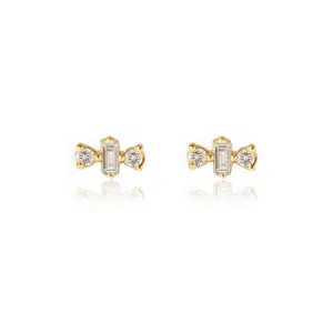 simple mini 925 sterling silver fashion Diamond baguette triad studs