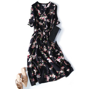 2024 Mới Đến Hoa In Ngắn Tay Áo Phụ Nữ Dài Lụa Váy V Cổ Lụa Dresses Phụ Nữ Phụ Nữ Thanh Lịch - Product Image 1