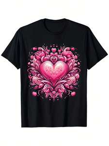 T-Shirt da Donna per San Valentino con Stampa a Cuori, Manica Corta, Collo Tondo, Design Floreale Casual, Abbigliamento Primaverile in Tessuto Jersey 100% Cotone - Product Image 1