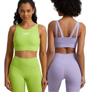 Grosir kustom Logo tinggi pendukung tahan guncangan olahraga Gym kebugaran Bra atasan silang belakang bertali Yoga latihan pakaian untuk wanita
