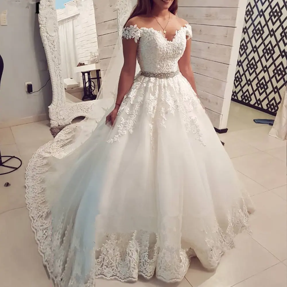 Minthson thời trang tắt vai trái tim ngọt ngào cổ đính cườm Ren Một dòng Bridal gowns thiết kế cộng với kích thước Wedding Dresses