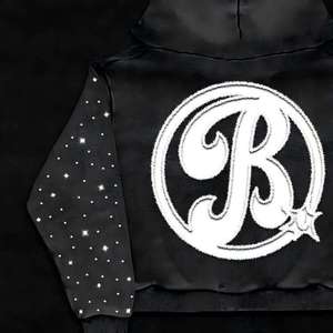 Sweat à capuche pour homme en coton pur haut de gamme, style streetwear rétro, avec broderie appliquée et strass thermocollants, motif personnalisé avec fermeture éclair. - Product Image 2
