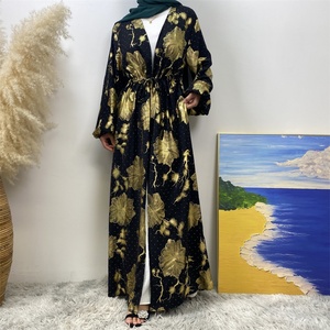 1444# Classy Gorgeously Gold Flowers Print With Shiny Rhinestones With Hidden Belt With Pockets Women Eid Black Abaya - Product Image 4