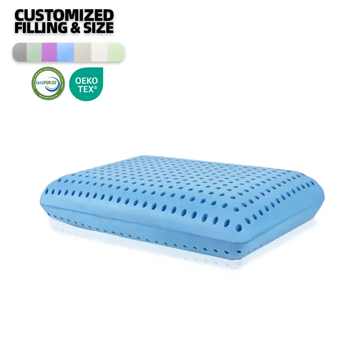 Venta al por mayor de alta calidad de refrigeración Gel de espuma viscoelástica almohada suave y función de masaje para avión Hotel Camping Uso de enfermería