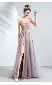 Vestido de noiva longo com decote em V para festa de formatura, camisola rosa feminina, vestido de noite longo