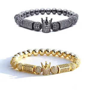 CC Venda Quente Atacado 8mm Luxo caro CZ Royal Crown Charme Beads Esticar Elástico Latão de Metal Bead Pulseira Para Casal