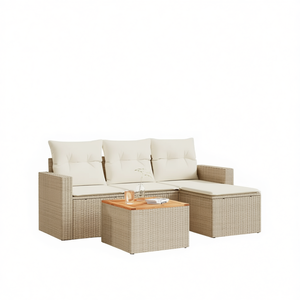 Ensemble de canapés de jardin en polyrotin avec coussins beige crème, meubles d'extérieur en bois d'acacia brun, 4 places, design contemporain, résistant aux intempéries - Product Image 1