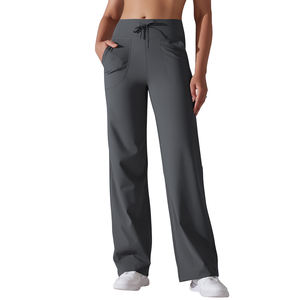 Venta al por mayor de logotipo personalizado transpirable correr Fitness bolsillo de cintura alta elástico suelto Casual pierna ancha pantalones de Yoga - Product Image 4
