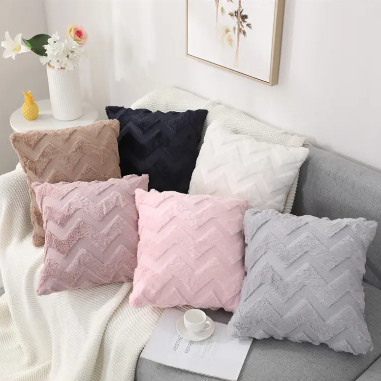 Home Decor Nordic Style White Striped Geometric Pattern Floor Seat Fur Tufted Square Cushion Cover 45*45 Cm