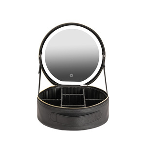 Sac de maquillage rond avec miroir lumineux LED, interrupteur tactile, en cuir PU, rangement cosmétique portable pour la maison et les voyages - Product Image 2