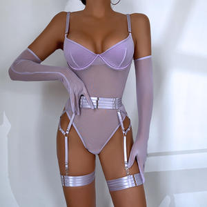 2024 Bodysuit Lingerie seksi Set wanita sarung tangan pakaian dalam jaring tembus pandang mewah transparan 3 potong Set Lingerie erotis Femme - Product Image 6
